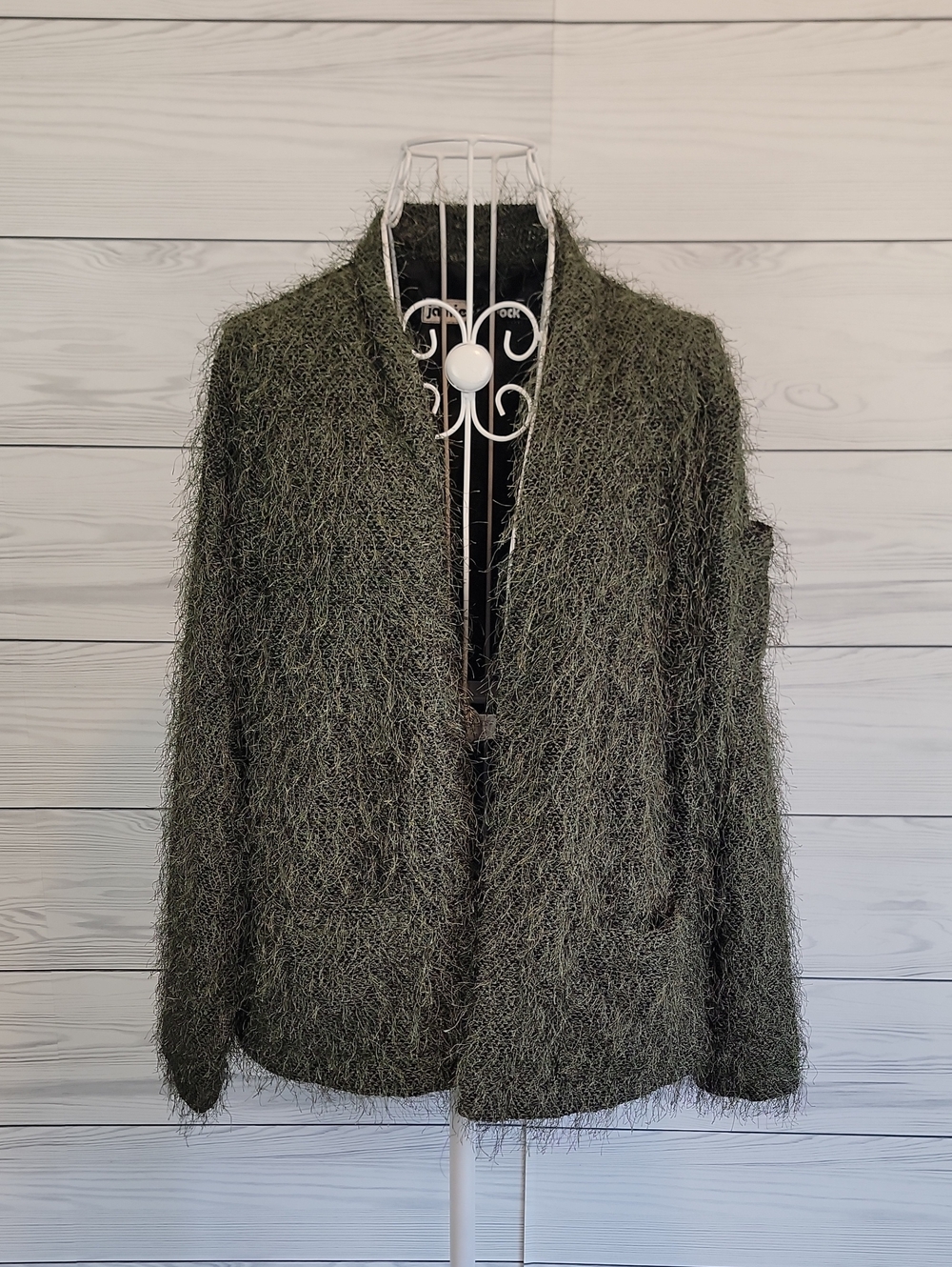 Jamie Sadock Open-Front Olive Green Eyelash Yarn Knit Cardigan Womens Size M